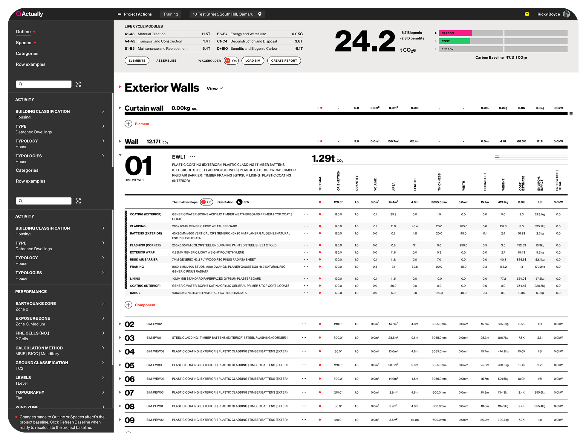 Actually dashboard — exterior wall calculations with real-time cost and carbon data