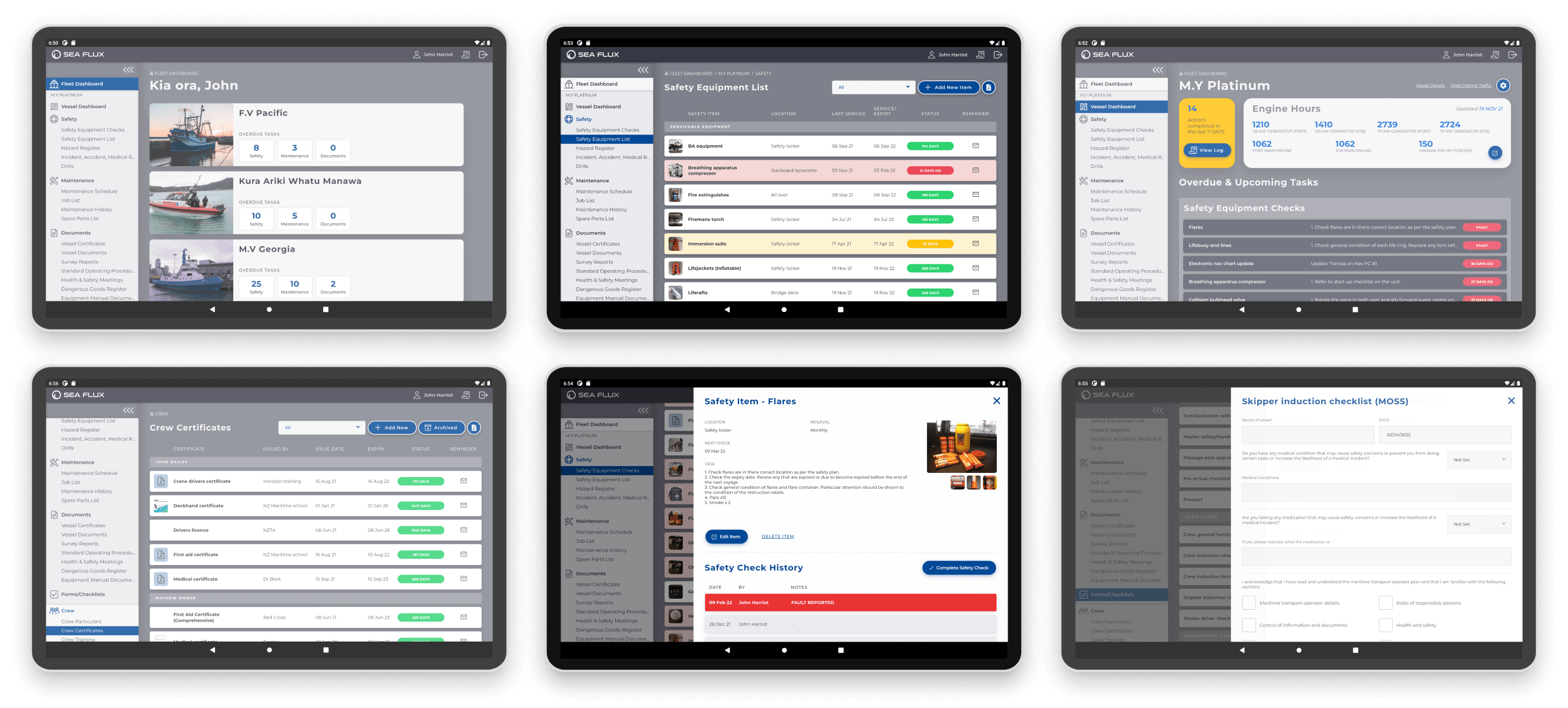 Sea Flux tablet view — vessel dashboard and crew overview