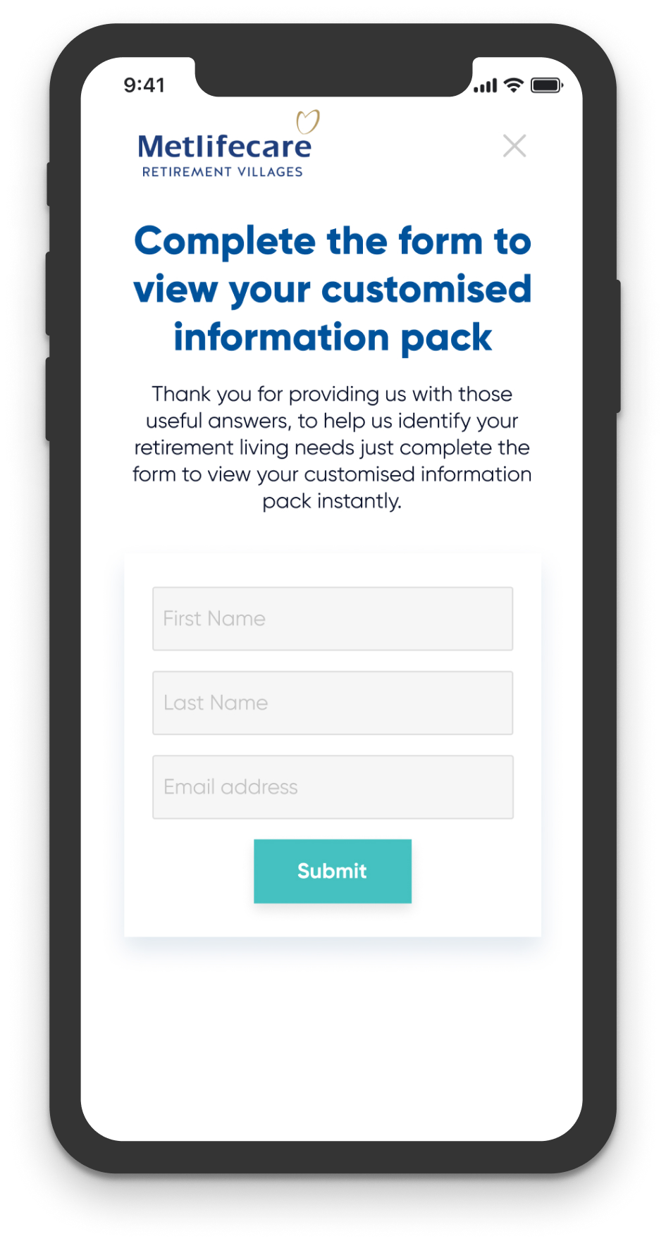 Metlifecare selector tool on iPhone — retirement village finder