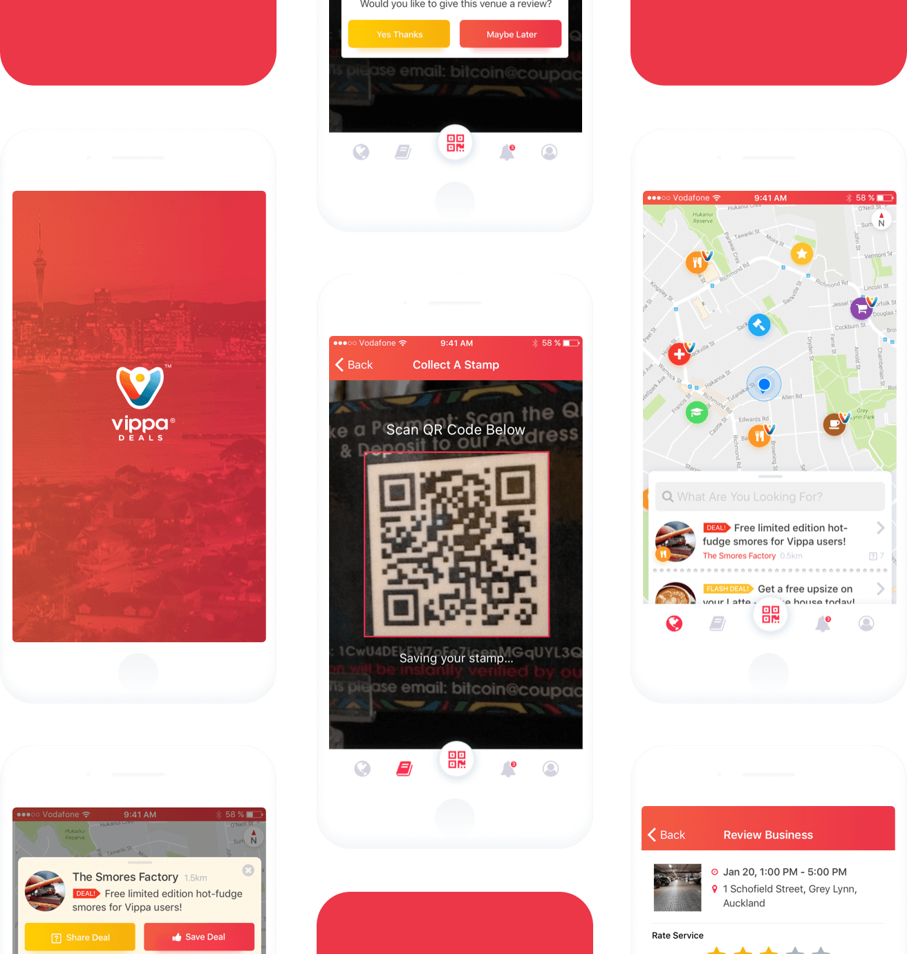 Vippa app screens — loyalty stamps, deals, and rewards